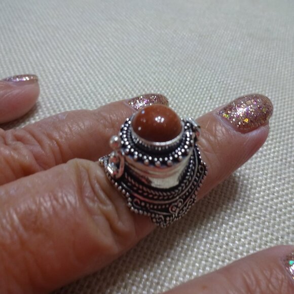 Unique GOLD SUNSTONE POISON BOX Handmade Sterling Ring Size 8.25 #55C - Picture 1 of 4